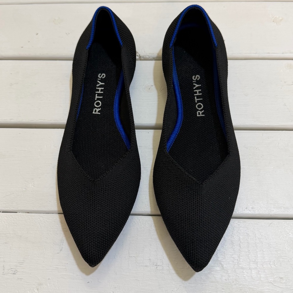 Rothy's Black Pointed Toe Flats with Blue Inner Lining - Picture 2 of 9